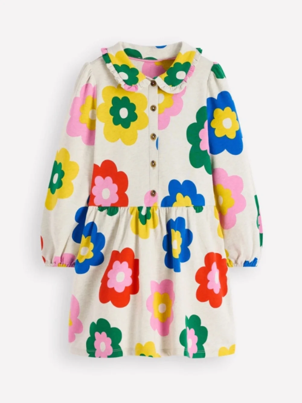 Mini Boden - Multicolor Large Flower Ruffle Collar Jersey Shirt Dress, Size 8-9y